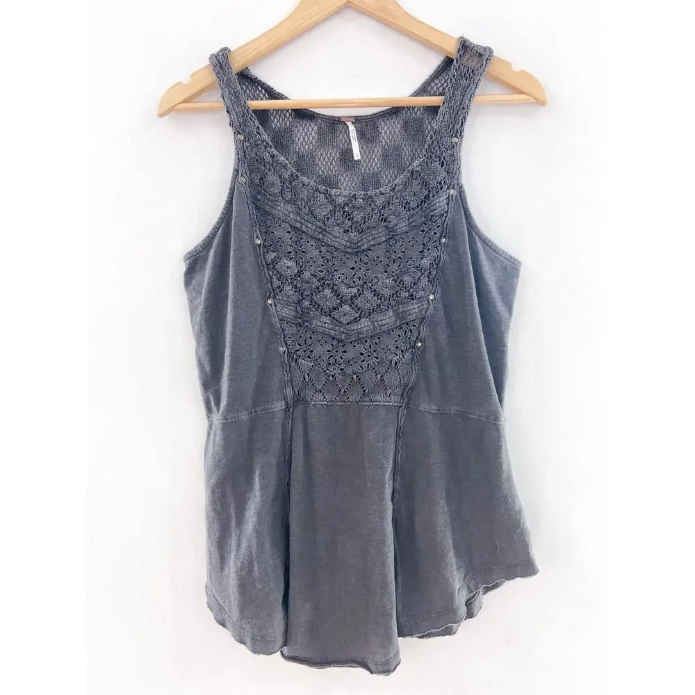 Free People Gray Crochet-Front Tank Top